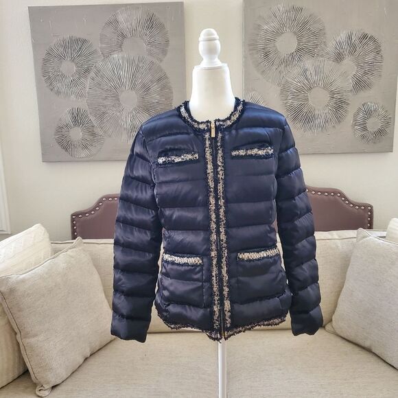 Karl Lagerfeld Tweed Trim Puffer Jacket Sz Sm - Picture 3 of 16